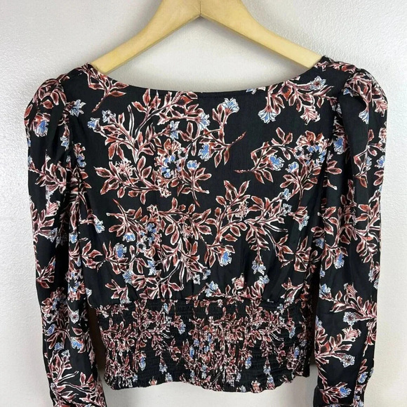 Free People Santiago Top Blouse Size Small Cropped Floral Puff Sleeve Boho Black - Picture 7 of 10